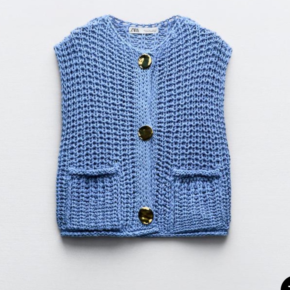 Zara Blue Knit Sweater Vest with Gold Buttons